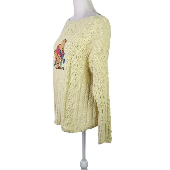 Vintage The Disney Store Winnie the Pooh yellow cable knit sweater L - Picture 3 of 5